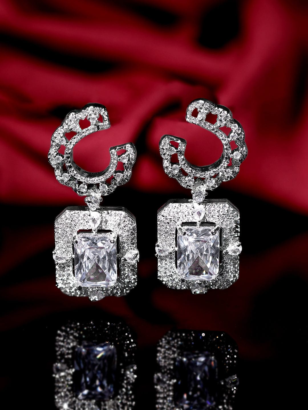 Rubans Rhodium Plated White Zirconia Studded Dangle Earrings Earrings