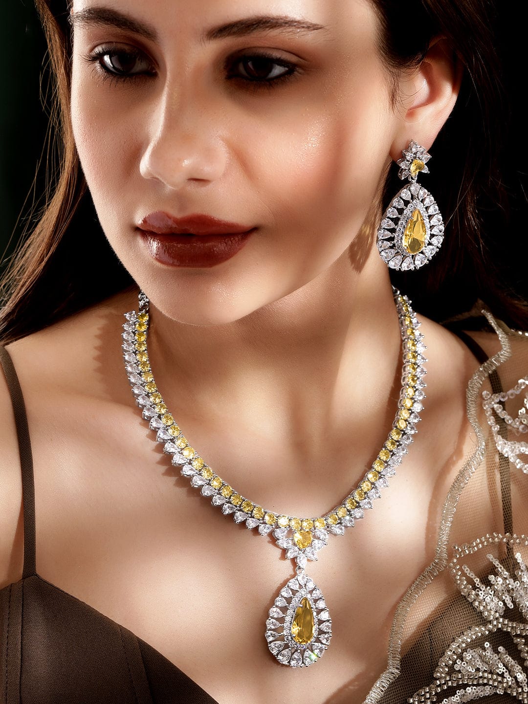 Rubans Rhodium plated Yellow sapphire Drop Pendant Statement Luxury Necklace Set Jewellery Sets