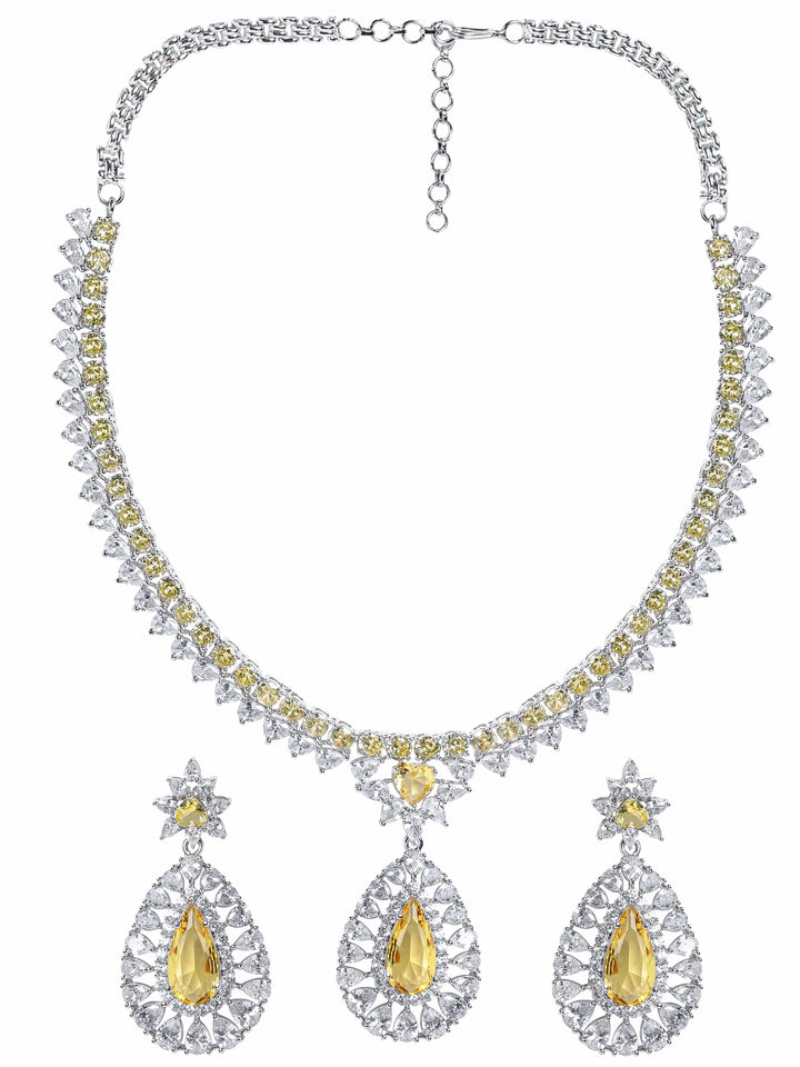 Rubans Rhodium plated Yellow sapphire Drop Pendant Statement Luxury Necklace Set Jewellery Sets