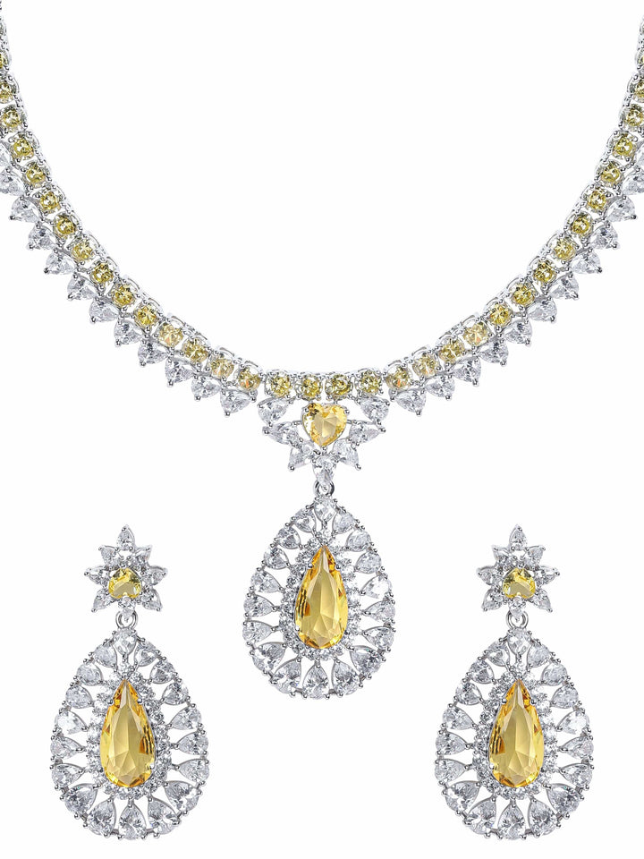 Rubans Rhodium plated Yellow sapphire Drop Pendant Statement Luxury Necklace Set Jewellery Sets