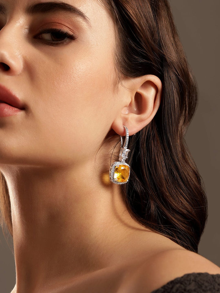 Rubans Rhodium Plated Yellow Sapphire  Zirconia Cushion Cut Classy Drop Earring Earrings