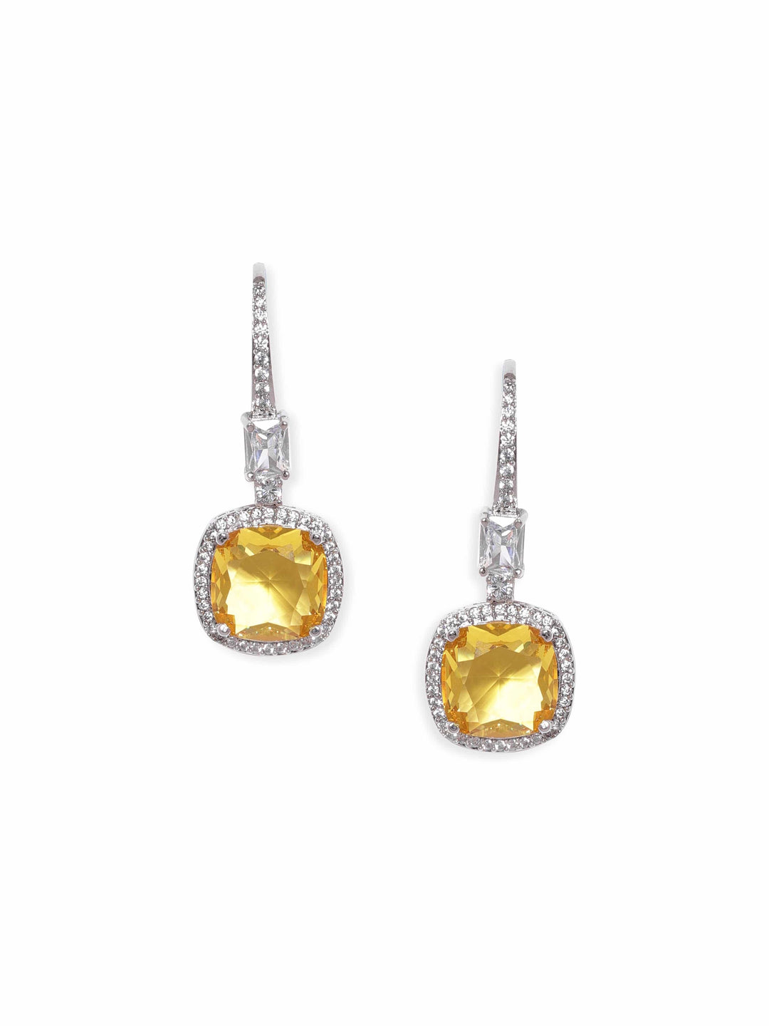 Rubans Rhodium Plated Yellow Sapphire  Zirconia Cushion Cut Classy Drop Earring Earrings