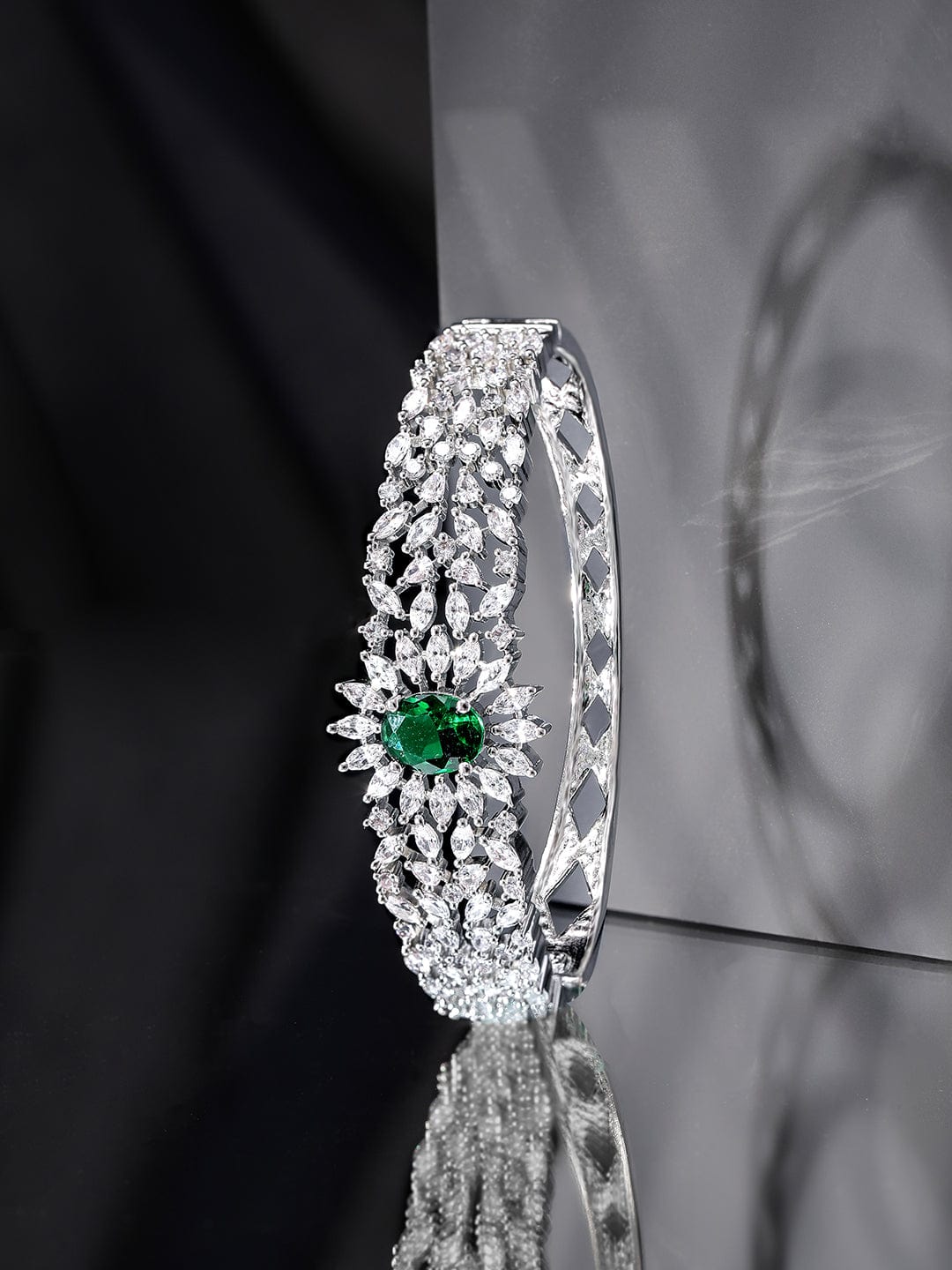 Rubans Rhodium Plated Zirconia and Emerald Studded Bracelet Bangles & Bracelets