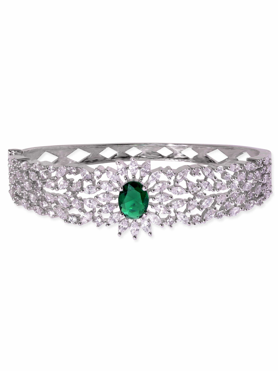 Rubans Rhodium Plated Zirconia and Emerald Studded Bracelet Bangles & Bracelets