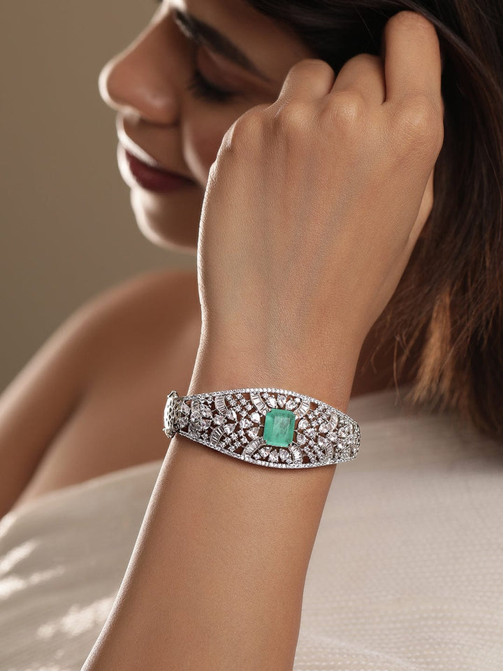 Rubans Rhodium Plated Zirconia and Pastel Green Studded Bracelet Bangles & Bracelets