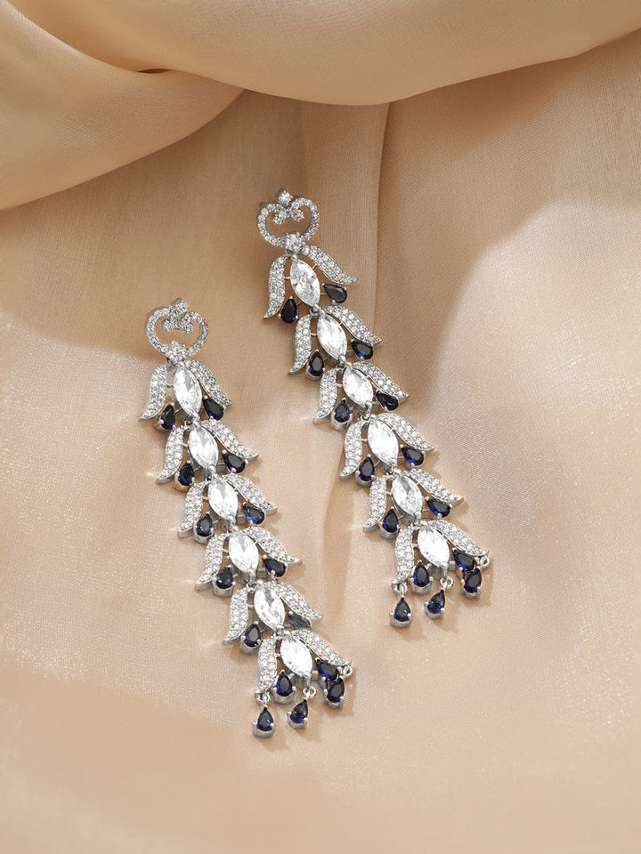 Rubans Rhodium Plated Zirconia Studded Stainless Steel Teardrop Shaped Drop Earrings Earrings