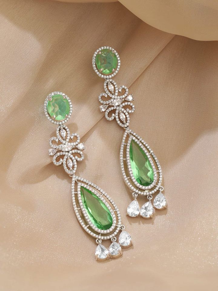 Rubans Rhodium Plated Zirconia Studded Stainless Steel Teardrop Shaped Drop Earrings Earrings