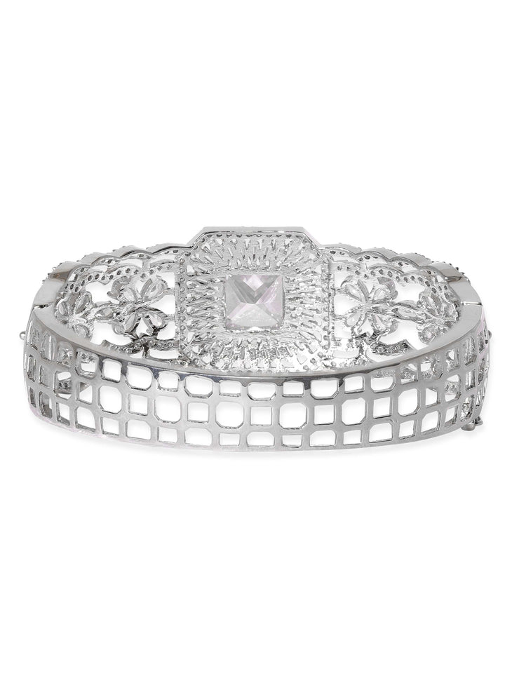 Rubans Rhodium Plated Zirconia Studded Statement Band Bracelet Bangles & Bracelets