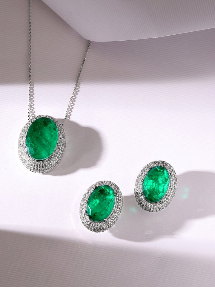 Rubans Rhodium Plated Zircons & Emerald Stone Studded Statement Pendant Set Necklace Set