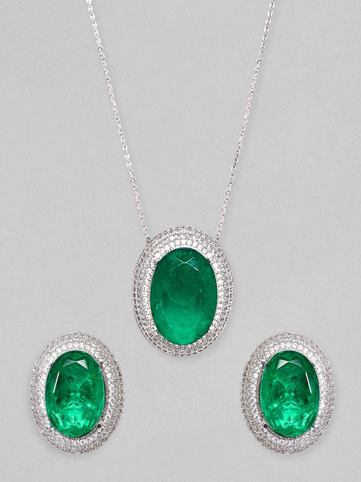 Rubans Rhodium Plated Zircons & Emerald Stone Studded Statement Pendant Set Necklace Set