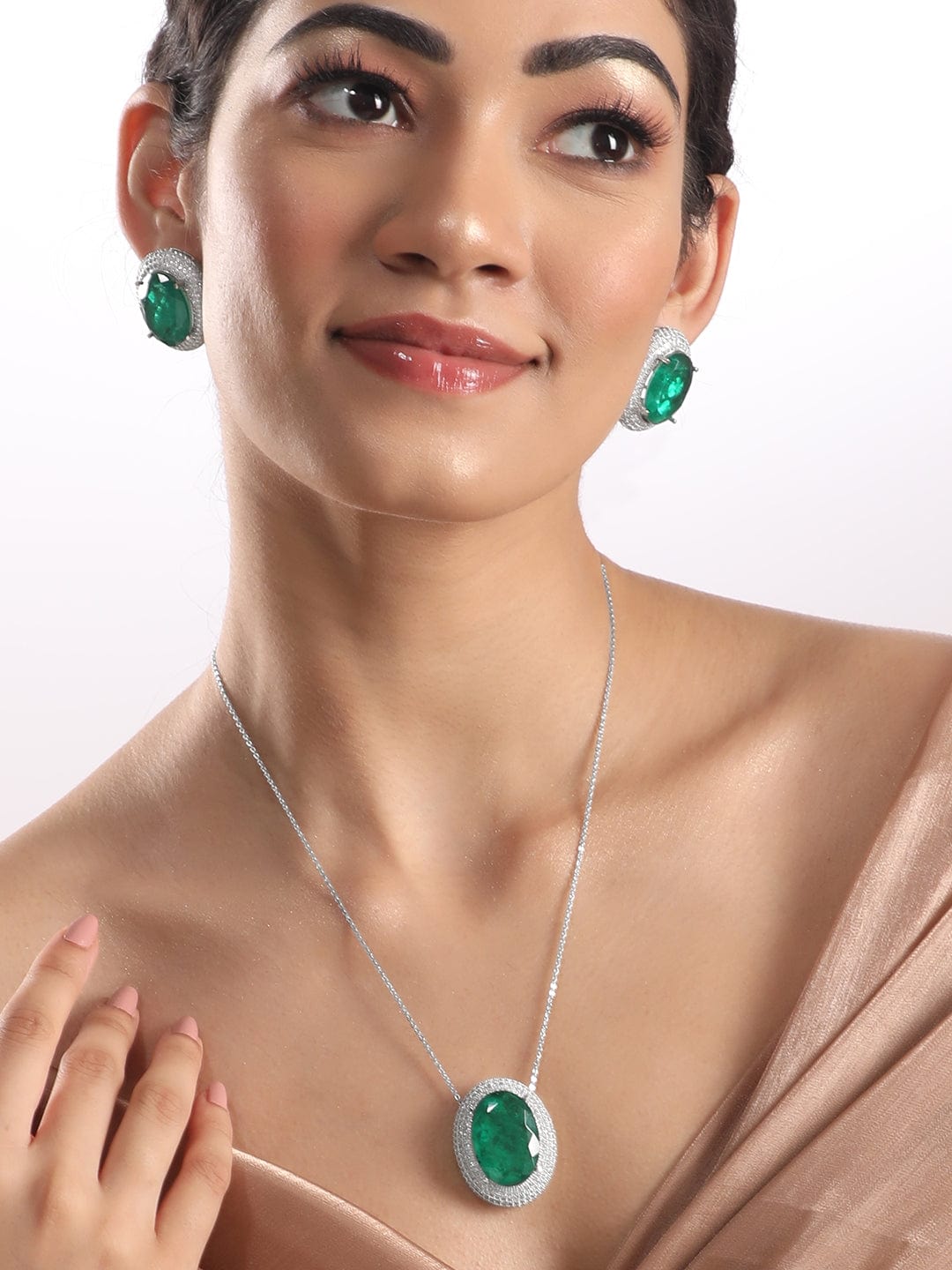 Rubans Rhodium Plated Zircons & Emerald Stone Studded Statement Pendant Set Necklace Set