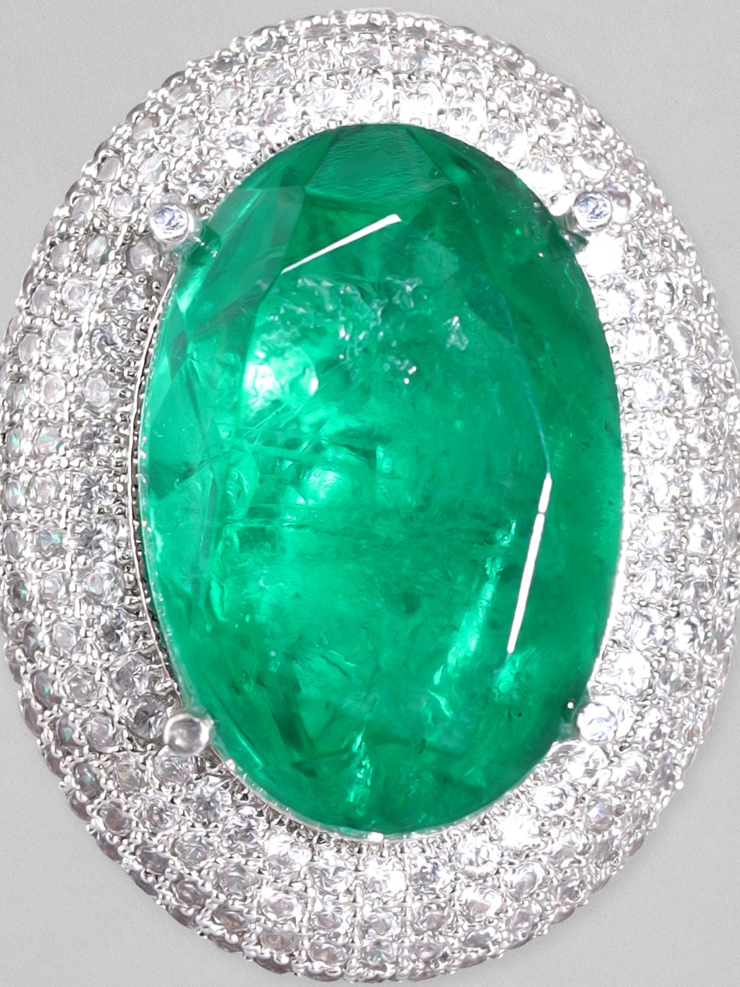 Rubans Rhodium Plated Zircons & Emerald Stone Studded Statement Ring Rings