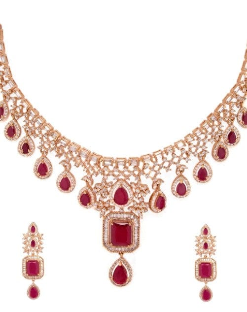 Rubans Rose Gold Plated CZ Studded Emerald Embellished Statement Necklace Set Necklace Set