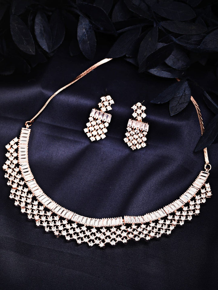 Rubans Rose Gold Plated Handcrafted AD Studded Necklace Set Necklace Set