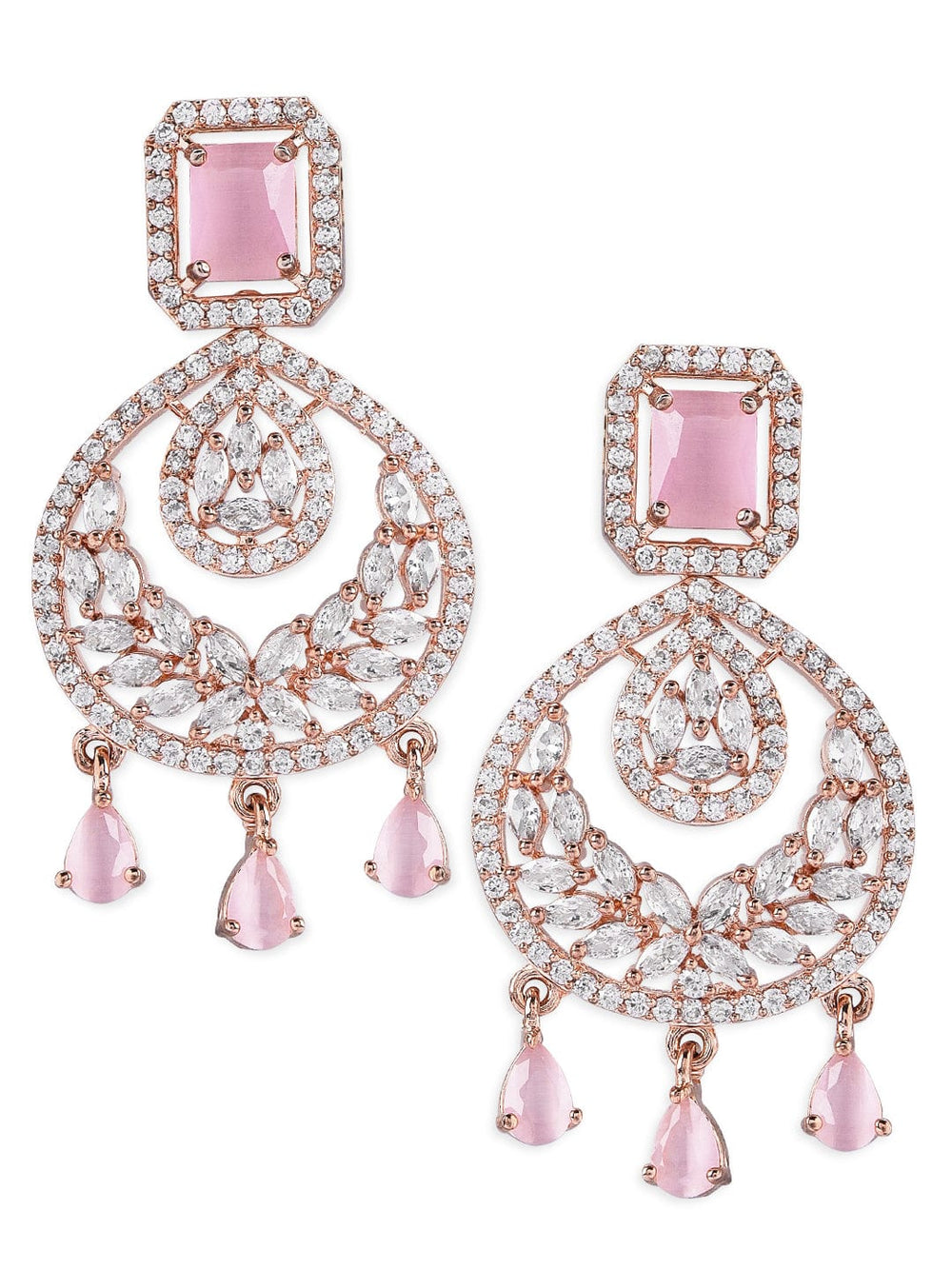Rubans Rose Gold Plated Handcrafted AD Studded Pink Color Chandbali Earrings. Earrings