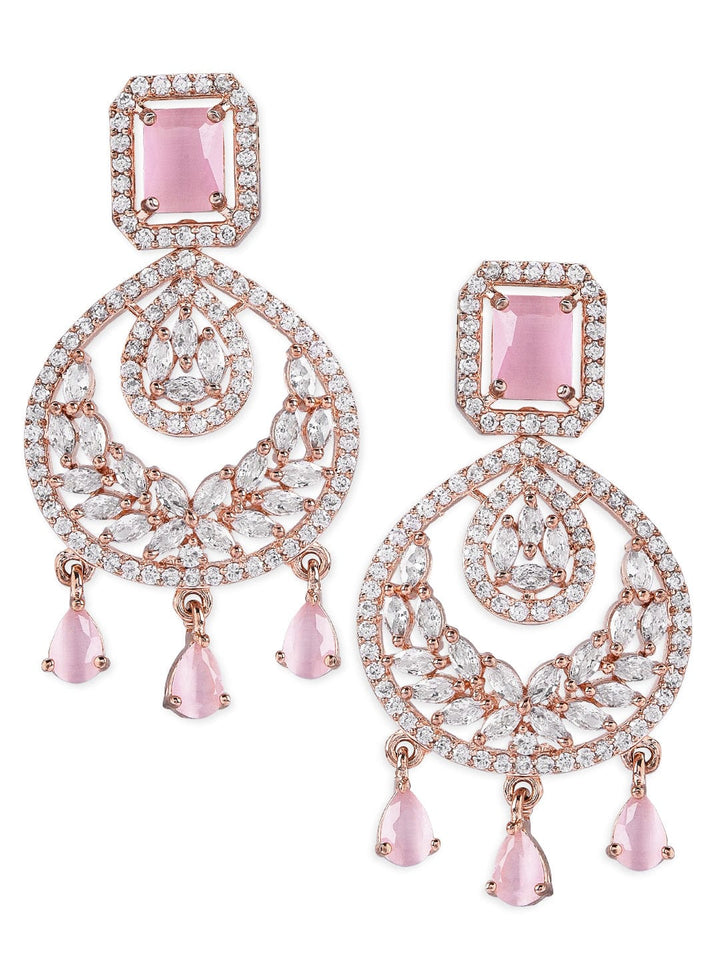 Rubans Rose Gold Plated Handcrafted AD Studded Pink Color Chandbali Earrings. Earrings