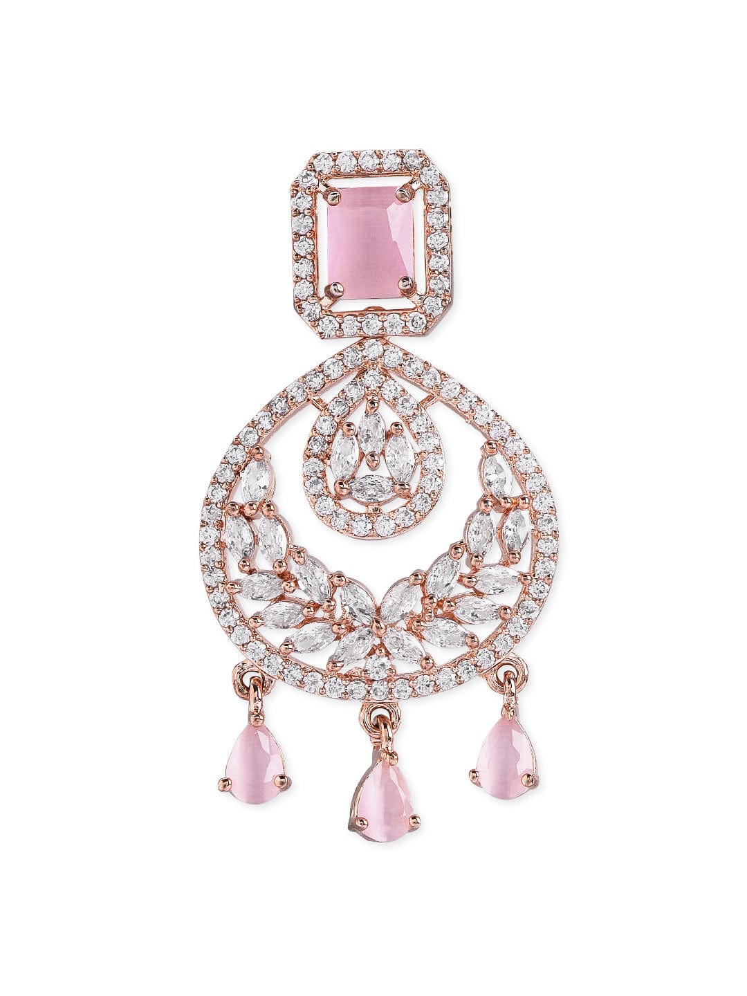 Rubans Rose Gold Plated Handcrafted AD Studded Pink Color Chandbali Earrings. Earrings