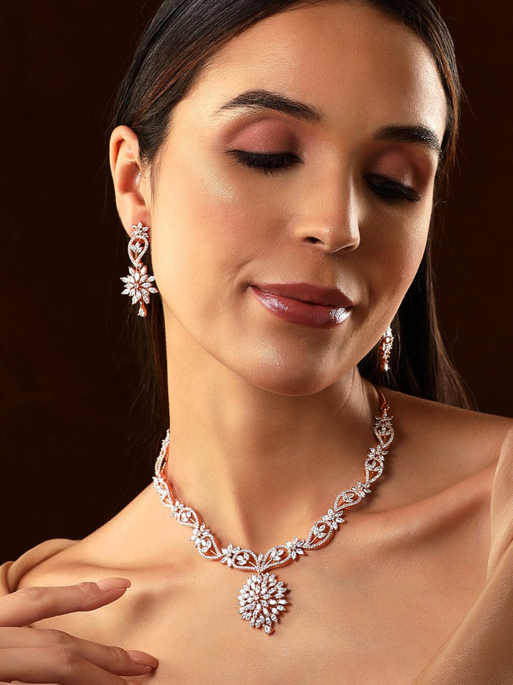 Rubans Rose Gold Plated Handcrafted Zircon Stone Studded Floral Necklace Set Necklace Set