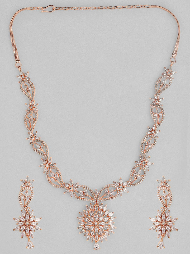 Rubans Rose Gold Plated Handcrafted Zircon Stone Studded Floral Necklace Set Necklace Set