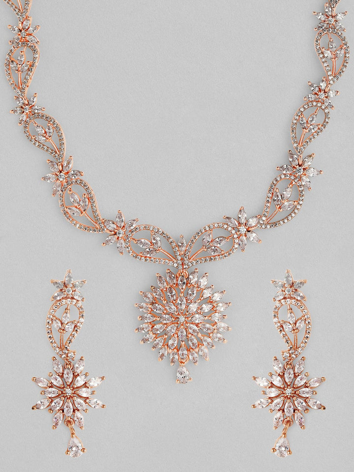 Rubans Rose Gold Plated Handcrafted Zircon Stone Studded Floral Necklace Set Necklace Set