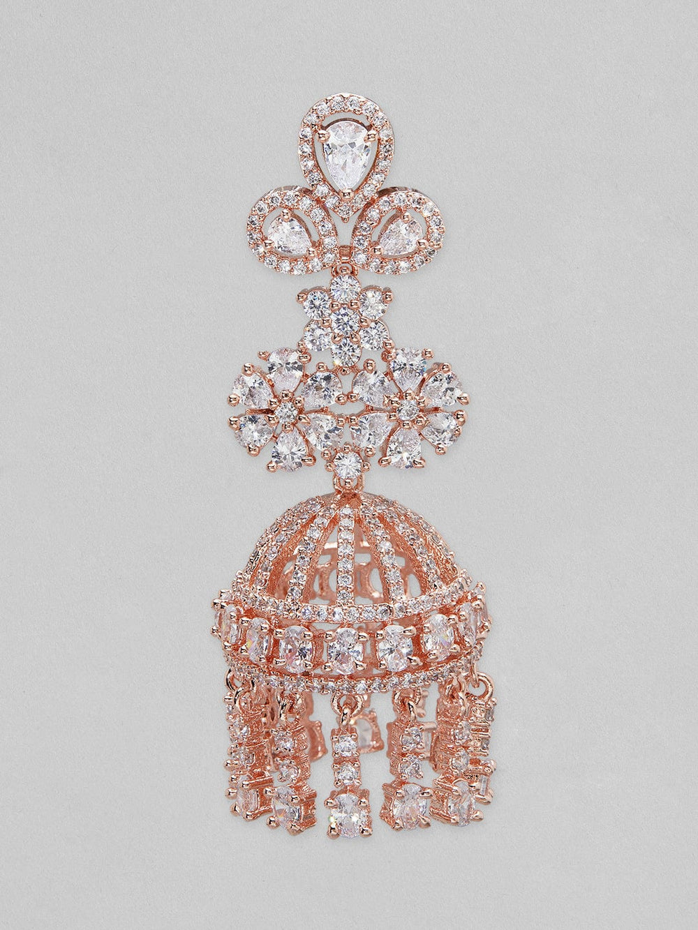Rubans rose gold plated jhumka earrings with studded american stones. Earrings