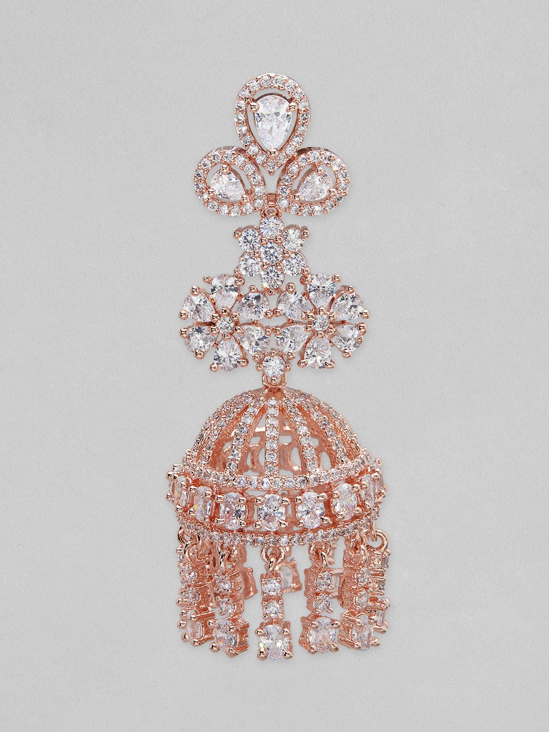 Rubans rose gold plated jhumka earrings with studded american stones. Earrings