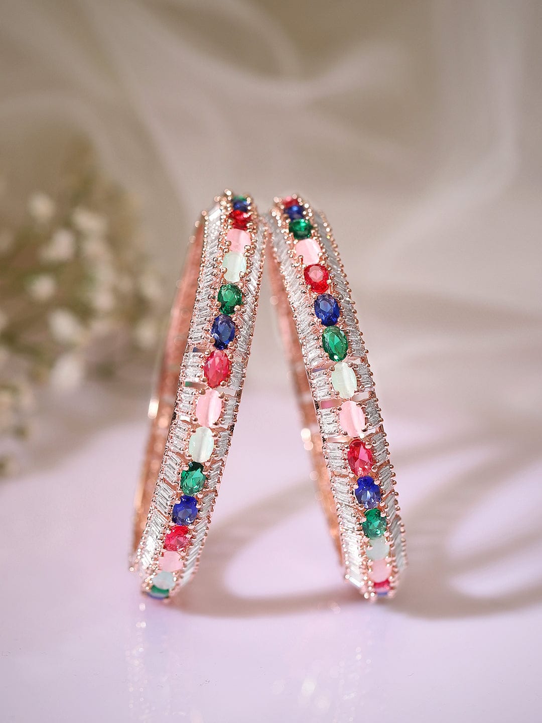 Rubans Rose Gold Plated Multicolor Stone Studded Zirconia Stone Set of 2 Bangles. Bangles & Bracelets