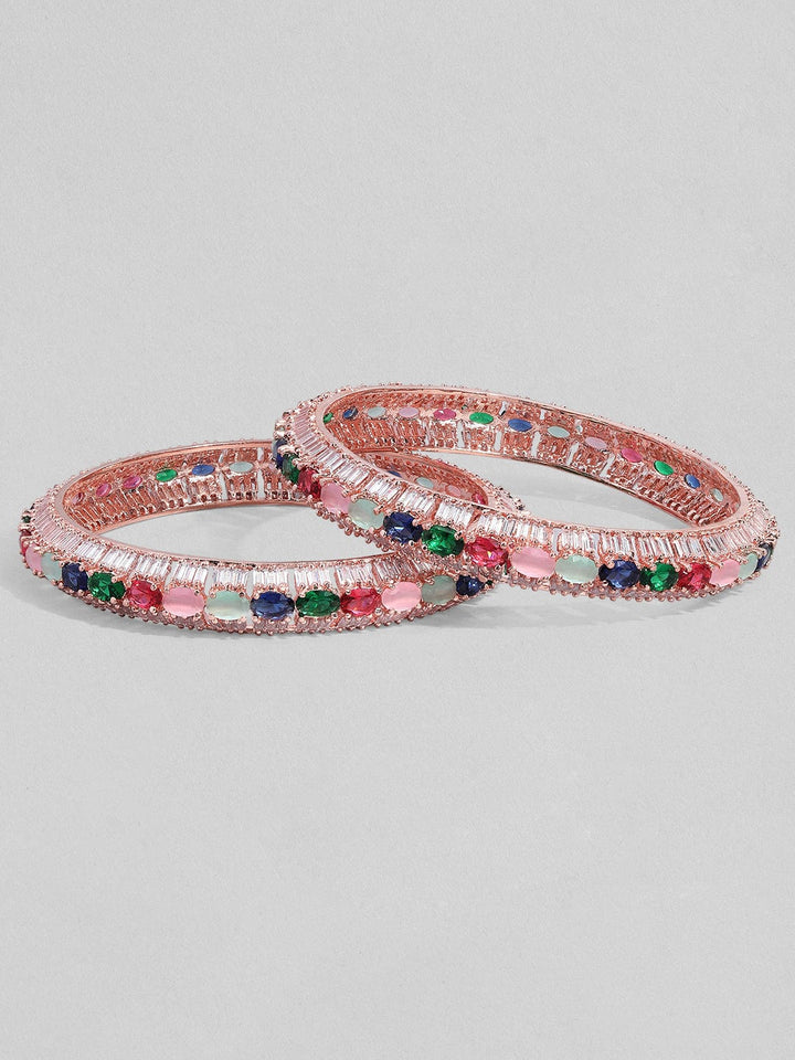 Rubans Rose Gold Plated Multicolor Stone Studded Zirconia Stone Set of 2 Bangles. Bangles & Bracelets