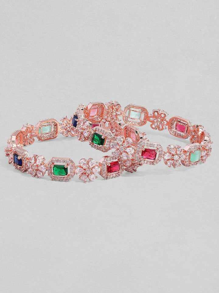 Rubans Rose Gold Plated  Pastel Pink & Green Stone Studded Zirconia Set of 2 Bangle. Bangles & Bracelets