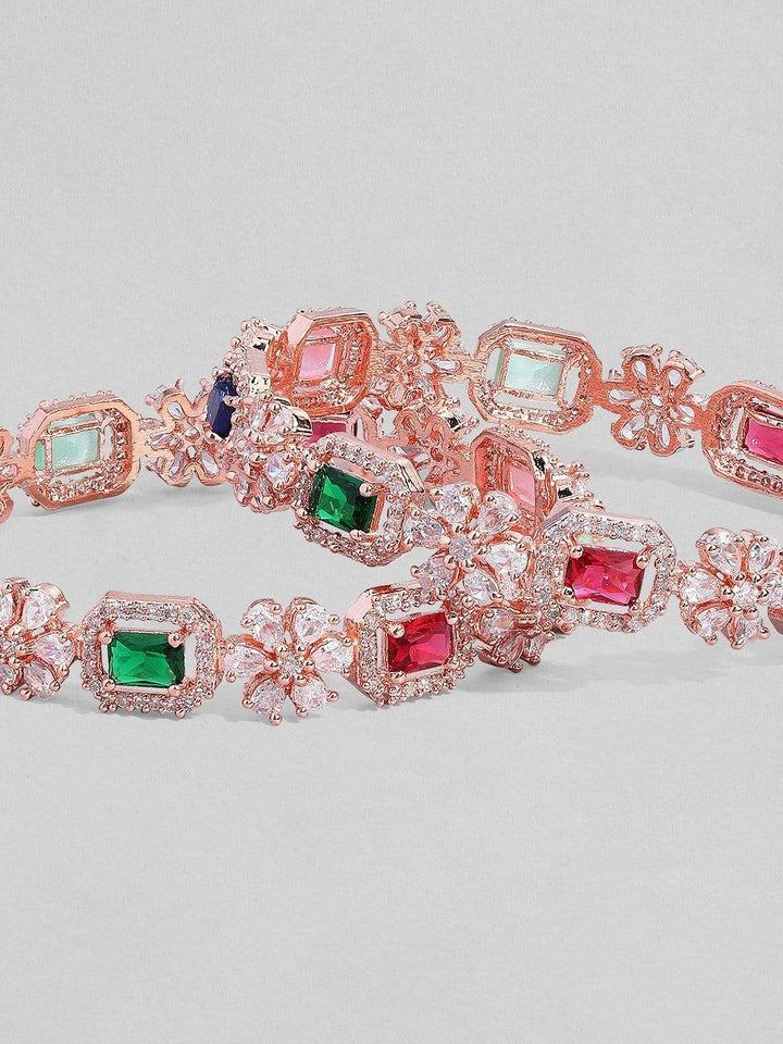 Rubans Rose Gold Plated  Pastel Pink & Green Stone Studded Zirconia Set of 2 Bangle. Bangles & Bracelets