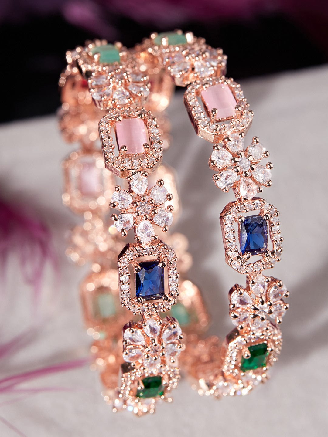 Rubans Rose Gold Plated  Pastel Pink & Green Stone Studded Zirconia Set of 2 Bangle. Bangles & Bracelets