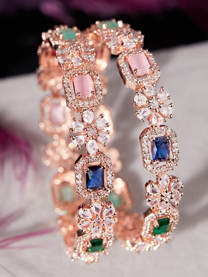 Rubans Rose Gold Plated  Pastel Pink & Green Stone Studded Zirconia Set of 2 Bangle. Bangles & Bracelets
