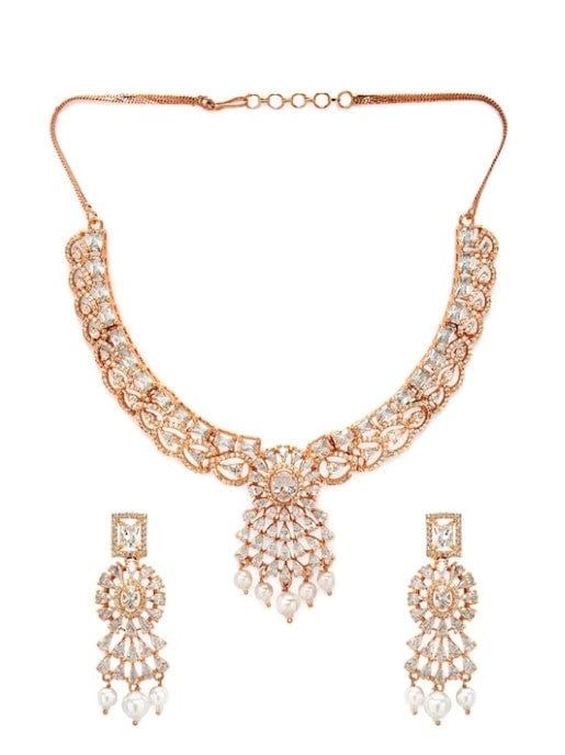 Rubans Rose Gold Plated Pleasing CZ Studded Pearl Embellished Necklace Set Necklace Set