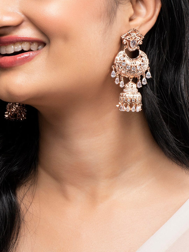 Rubans Rose Gold Plated Stone Hanging Jhumka Earrings. Earrings