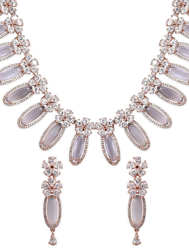 Rubans Rose Gold Plated White Beads American Diamond Necklace Set. Necklace Set