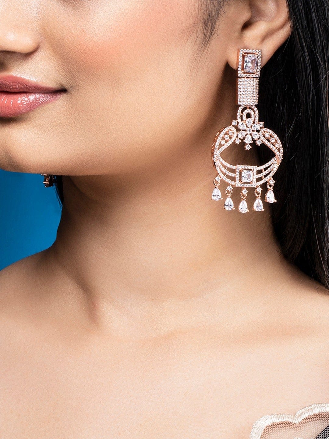 Rubans Rose Gold Plated Zirconia Stone Studded Drop Earrings. Earrings