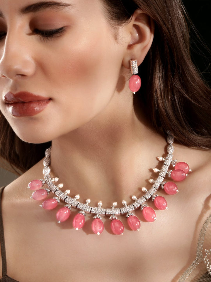 Rubans Rose Petal Elegance: Pink Beaded AD Necklace Set Jewellery Sets