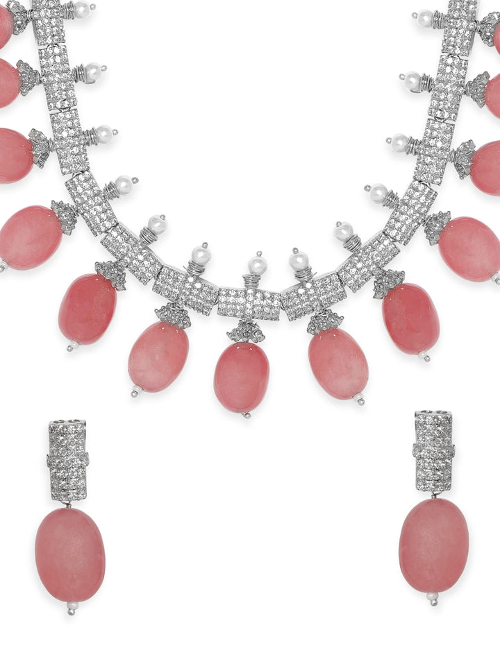 Rubans Rose Petal Elegance: Pink Beaded AD Necklace Set Jewellery Sets