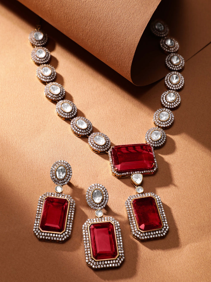 Rubans Royal Crimson Splendor: Gold-Plated Ad, Kundan & Red Stone Necklace Set Jewellery Sets