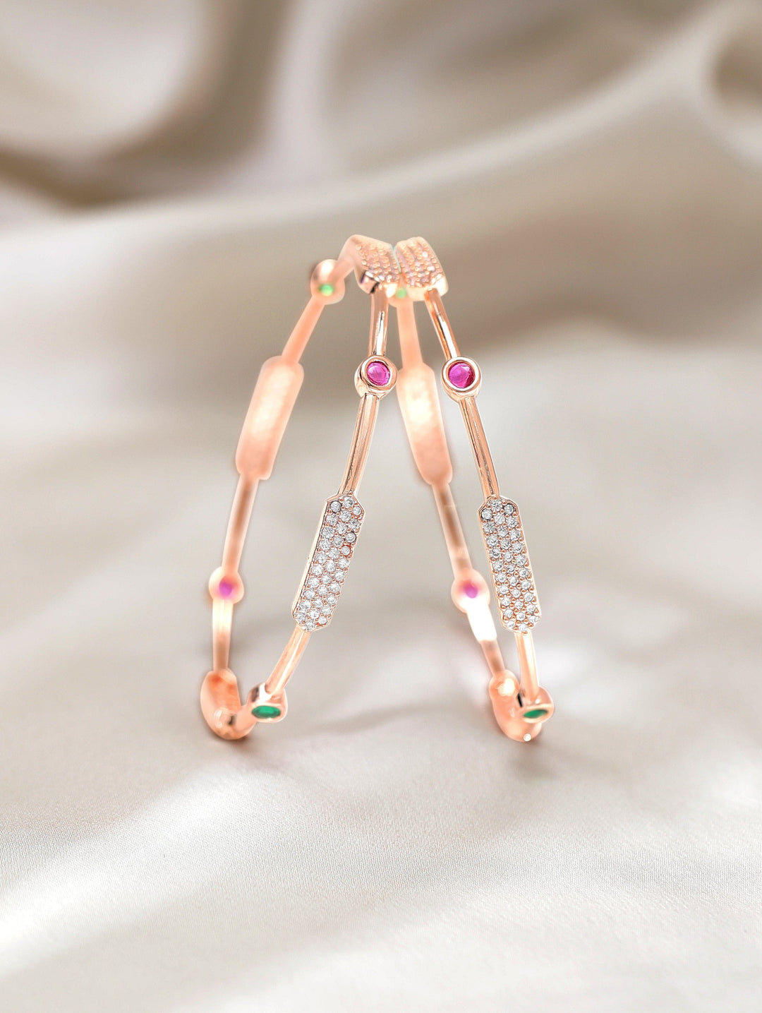 Rubans Set Of 2, 18K Rose Gold Plated Colored & White Zircons Minimal Bangles Bangles & Bracelets