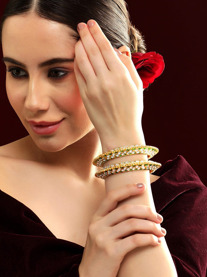 Rubans Set Of 2 24K Gold Plated Green Enemal & Premium Kundan Studded Bangle Bangles & Bracelets