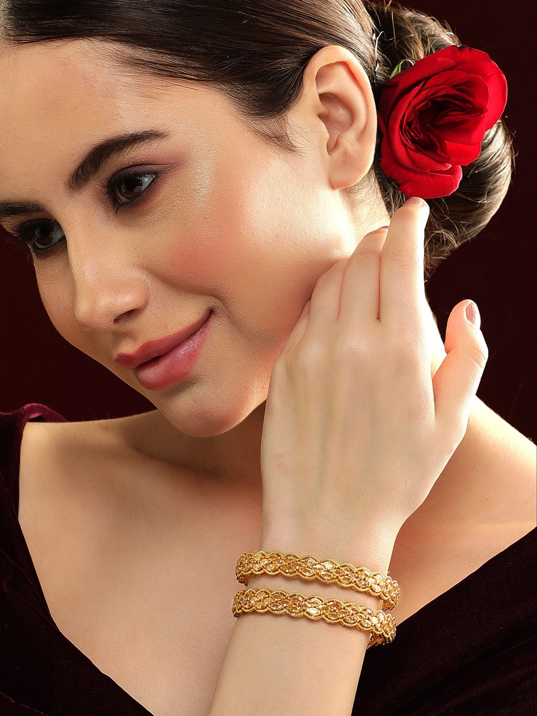 Rubans Set Of 2, 24K Gold Plated Premium Kundan Studded Statement Bangles Bangles & Bracelets