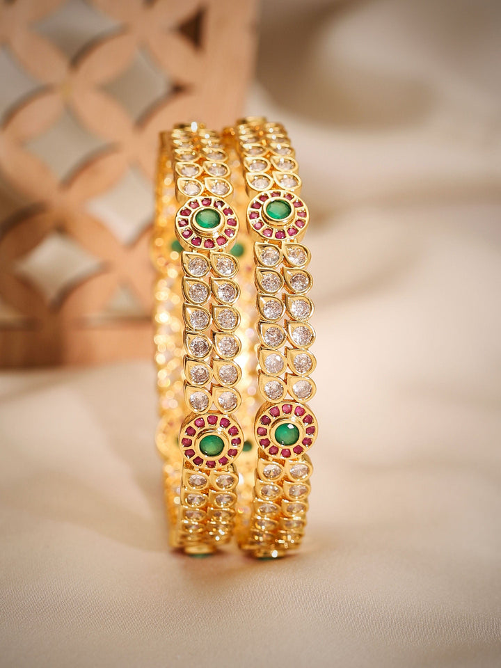 Rubans Set Of 2, 24K Gold Plated Red & Green Zircons Bangles Bangles & Bracelets