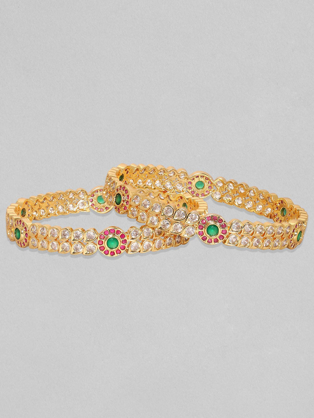 Rubans Set Of 2, 24K Gold Plated Red & Green Zircons Bangles Bangles & Bracelets