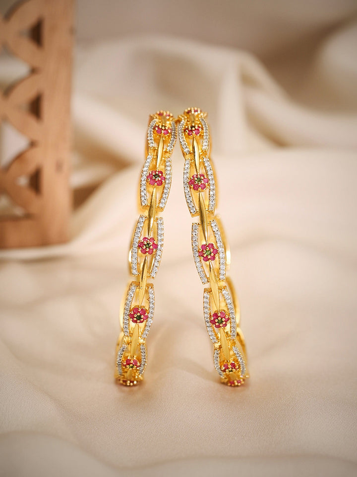 Rubans Set Of 2, 24K Gold Plated Red & Green Zircons Minimal Bangles Bangles & Bracelets