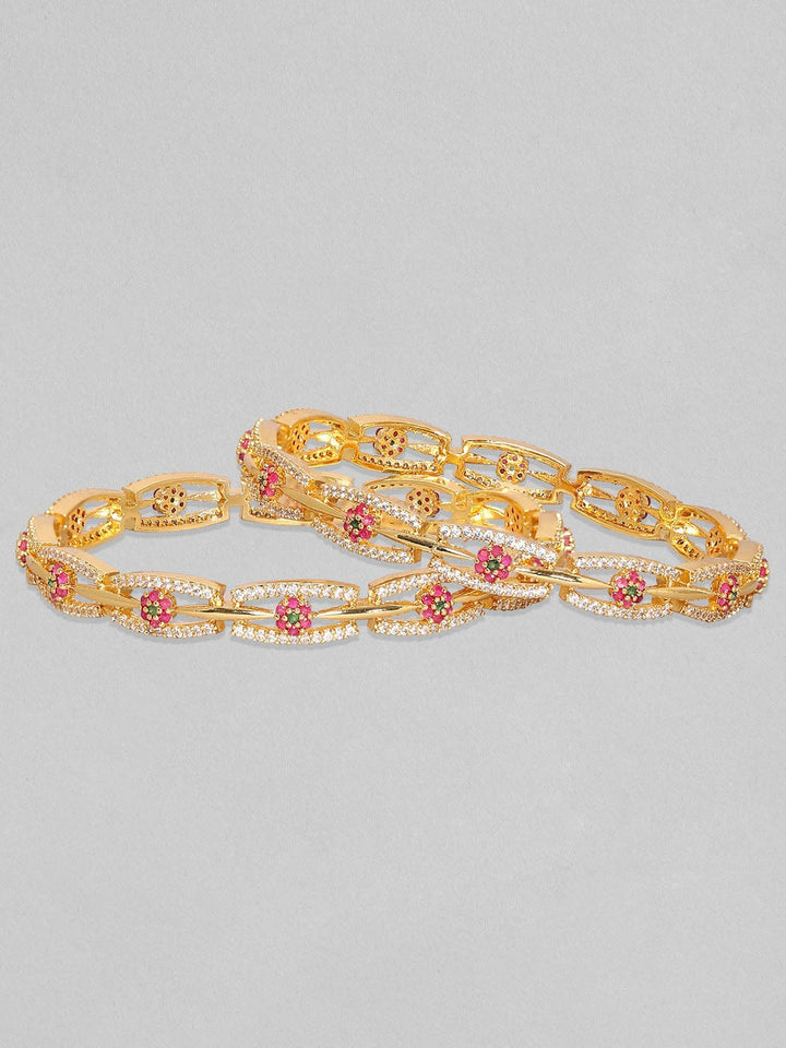 Rubans Set Of 2, 24K Gold Plated Red & Green Zircons Minimal Bangles Bangles & Bracelets