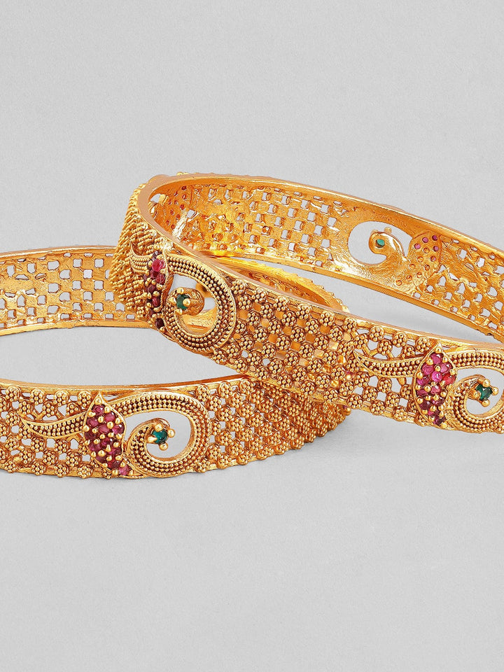 Rubans Set Of 2 Gold-Plated Red  Green Ruby  Stone-Studded Bangles Bangles & Bracelets