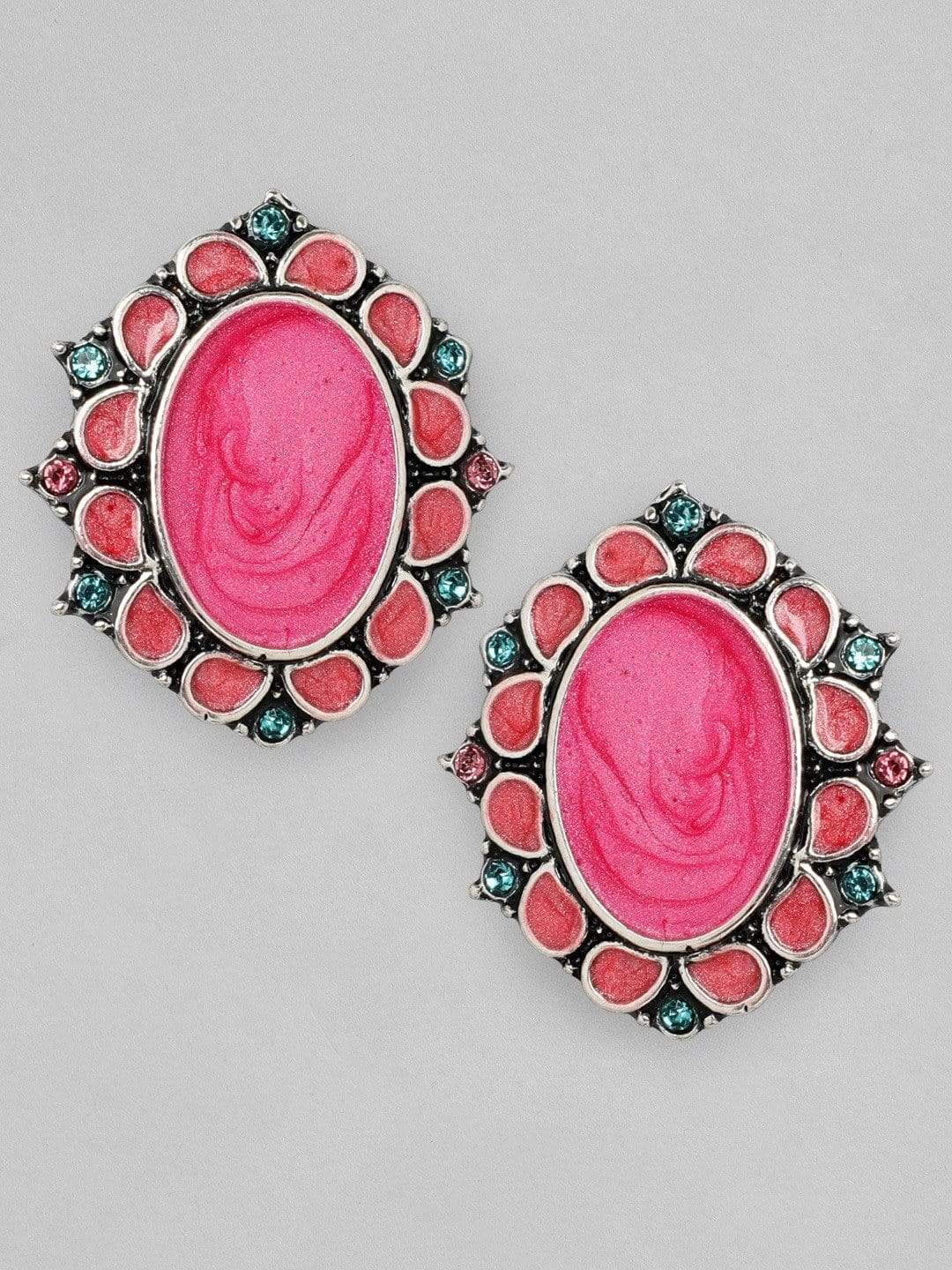 Rubans Set Of 2, Oxidized Finish With Multicolor Stone Studded Earrings Earrings