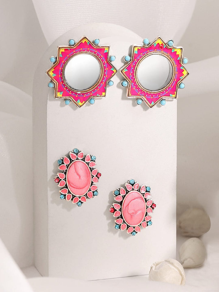 Rubans Set Of 2, Oxidized Finish With Multicolor Stone Studded Earrings Earrings