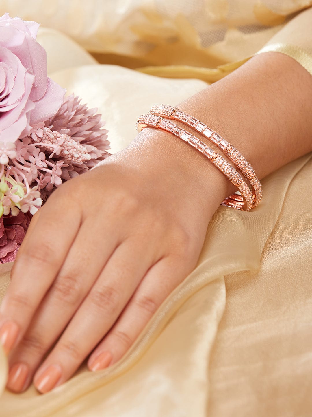 Rubans Set Of 2 Rose-Gold Plated Zircon Studded Bangles Bangles & Bracelets